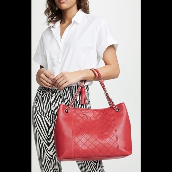 Tory Burch Fleming Distressed Leather Tote Cherry Apple - Picture 2 of 12